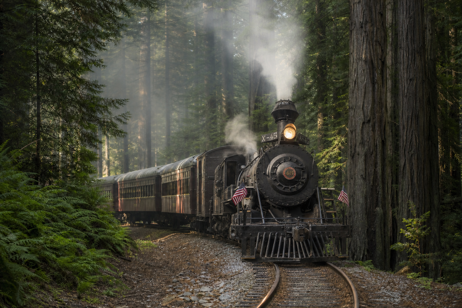 Steam train traveling through a towering redwood forest