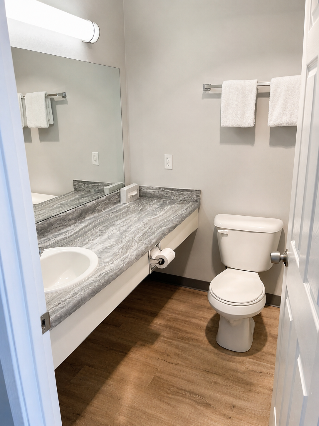 Standard private bathroom with sink, mirror, and toilet